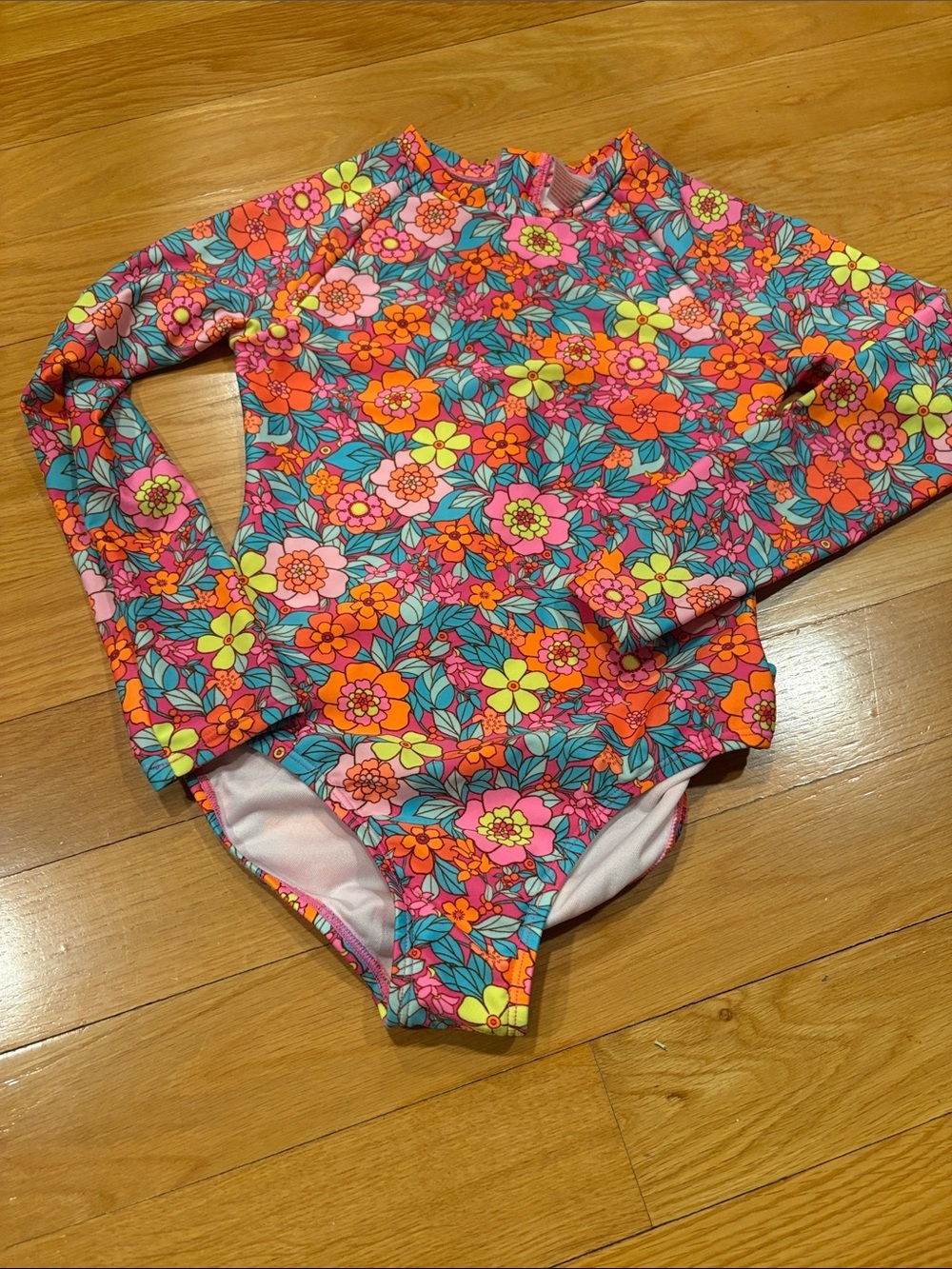 Kids Long-Sleeve Floral Rash Guard Swimsuit - Pink & Orange